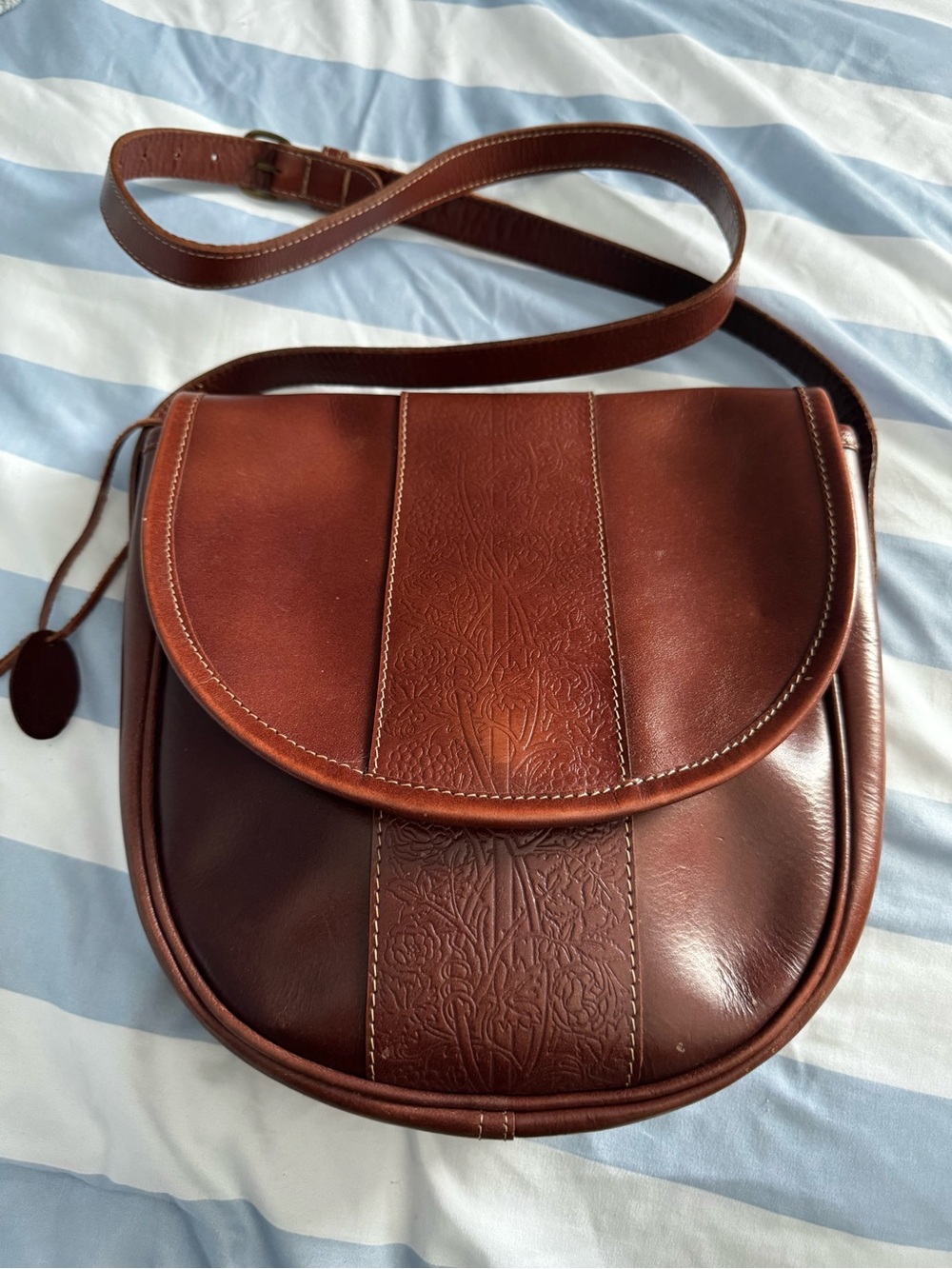 Brown Leather Embossed Crossbody Bag - Women's Classic Saddle Style